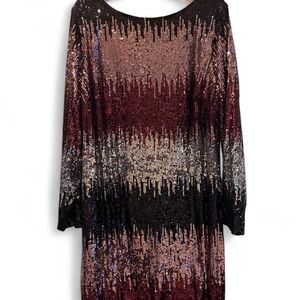 B. Darlin Sequin Cocktail Dress 22W Burgundy Black Long Sleeve Holiday Party